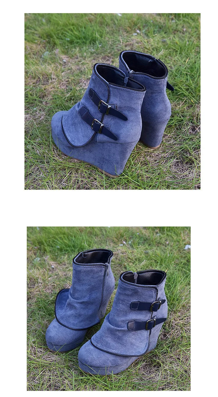 2025 Modern High-heel Boots for Women Ankle Wedges Suede Ladies Shoes Splicing Fake Zip Belt Buckle Height Increasing Daily Wear