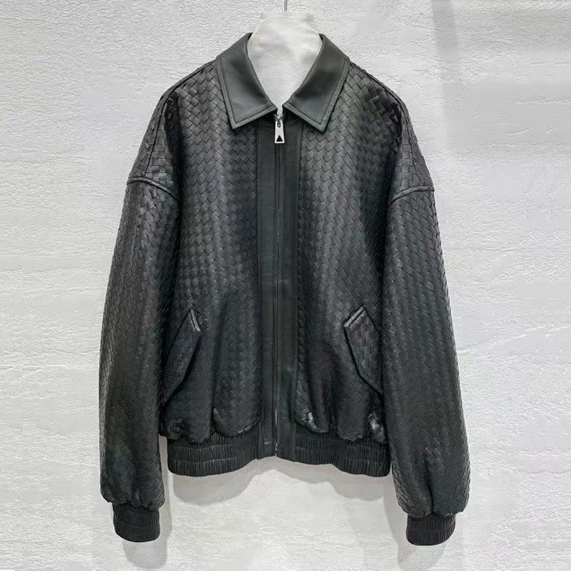 High-fashion Women Clothing 2025 New In Hand Knitting 100 % Leather Jacket Feminina Streetwear Burgundy Dropped Shoulder Coat