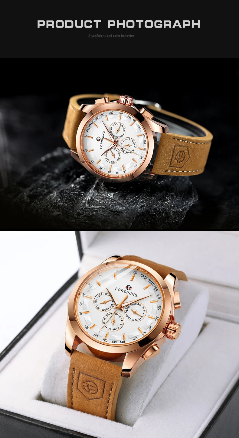 FORSINING Men Watches Automatic Mechanical Watch Luxury Gold Clock Genuine Leather Waterproof Watch Men Military Wristwatch Man