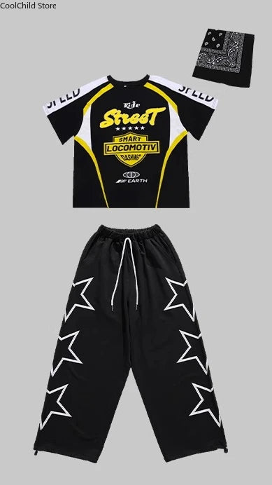 Boys Hip Hop Contrast T-shirt Yellow Vest Sweat Pants Girls Street Dance Jazz Costume Children Clothes Set Kids K-pop Streetwear