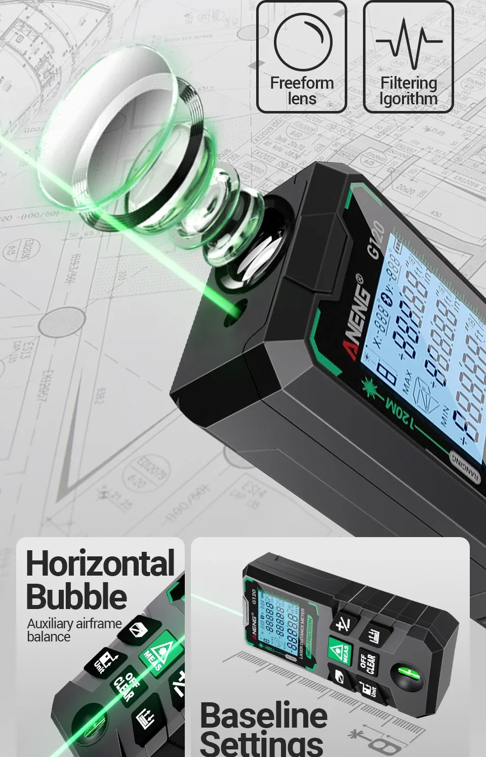 ANENG G50/G70/G100/G120 Autonomous Benchmark Rangefinder Green Laser Distance Meter 0.5~1 Second Flash Test Diastimeter Tools