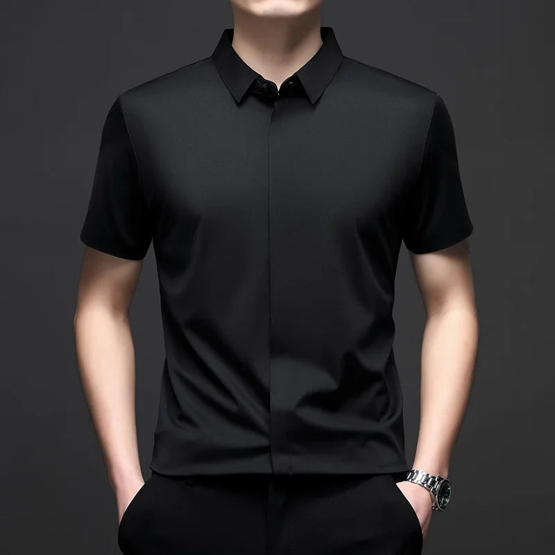 Silk Men Short Sleeve Shirt Business Casual Stretch Pure Color Commercial Affairs Casual Top