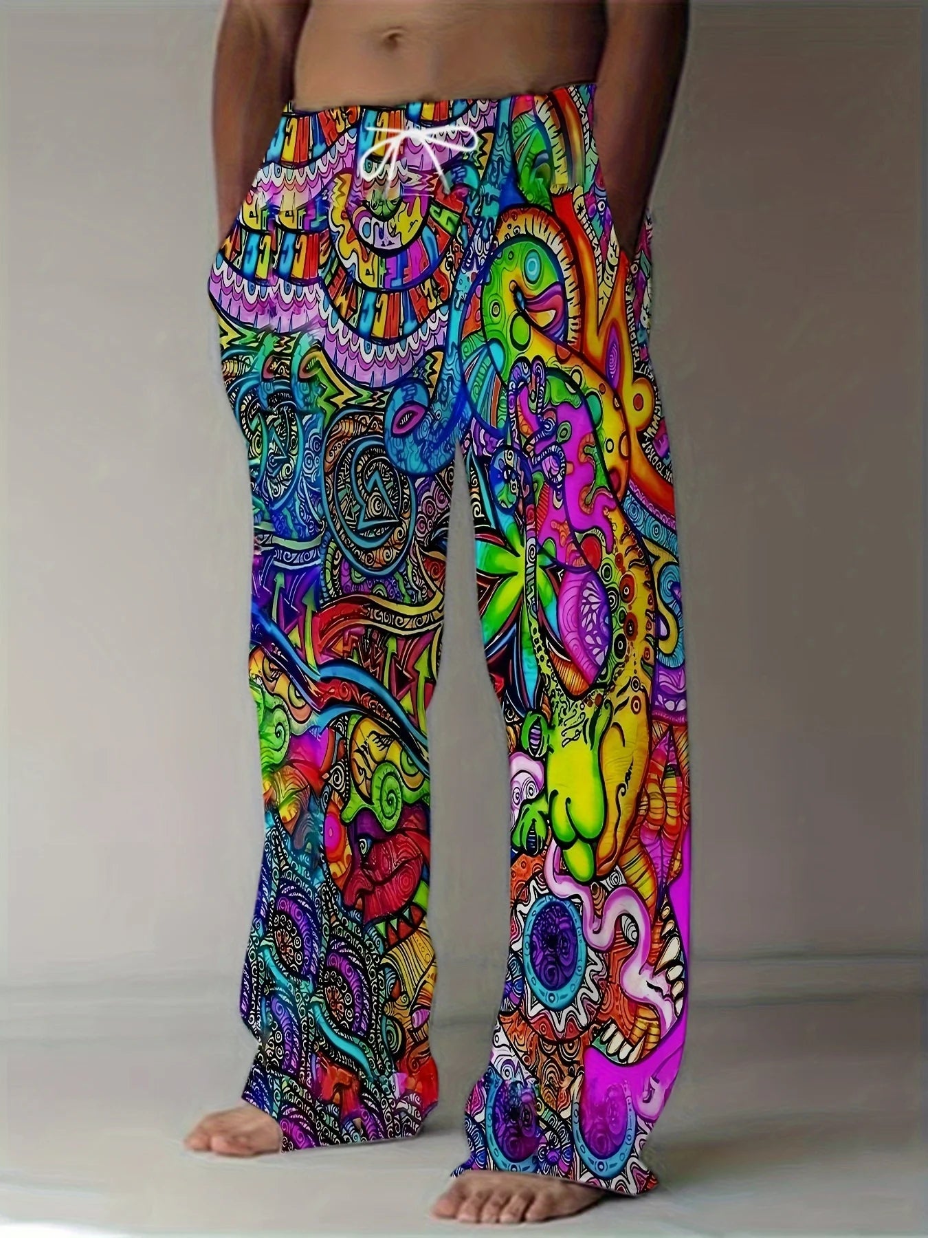 2025 New Men's Pants, Summer Beach Pants, Drawn-out Pocket Casual Pants, Abstract Texture Printed Men's Pants, Cheap Roupa