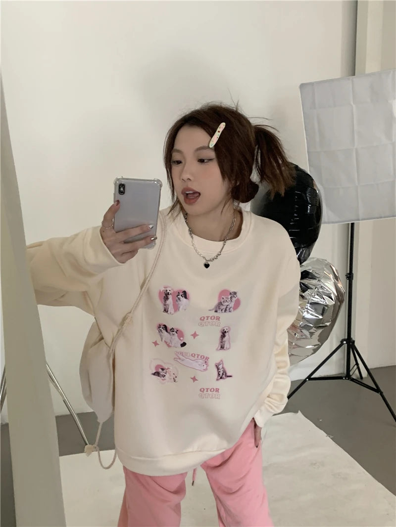KOSAHIKI Cute Hoodies Women Letter Dog Print Sudaderas Mujer O-neck Sweatshirt Harajuku Streetwear Y2k Pullover Moletom Feminino
