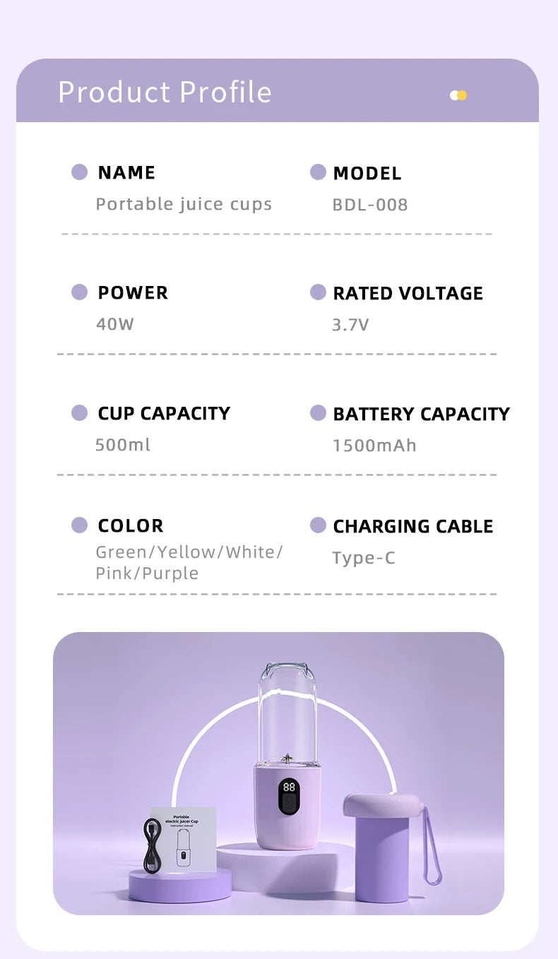 Portable Blender USB Rechargeable Cordless Mini Juicer Mixer for Smoothie Shake Protein Travel Sports Bottle Juicer Cup