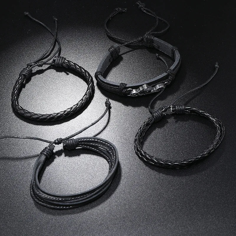 Fashion Bracelet For Men Hand Bangles Woven Alloy Motorcycle Hand Jewelry Adjustable Leather 4Pcs/Set Bracelet For Leather