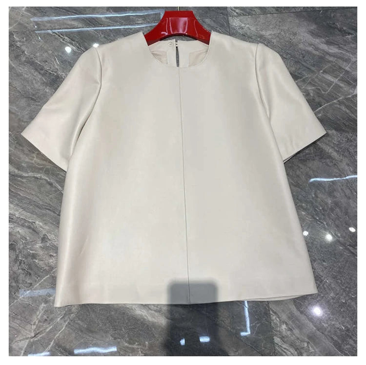 Genuine Leather Tops for Women 2025 Spring/Summer Short Straight Sleeve Round Neck Pullover Shirts & Blouses Thin Suede Blusas