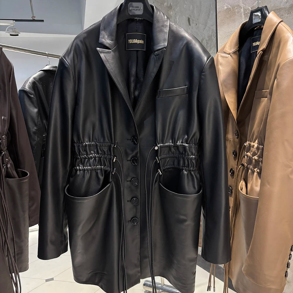 YOLOAgain Women's Leather Jacket Genuine Sheepskin Coat Single Breasted