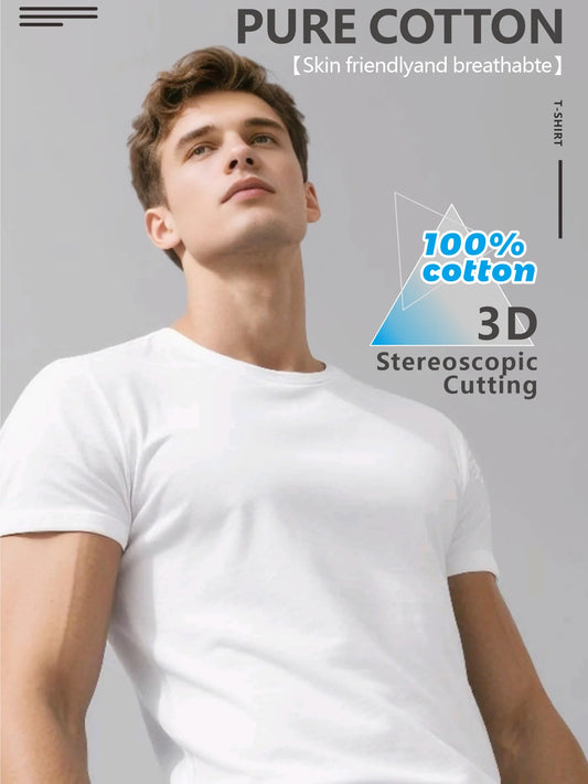 Men Pure Cotton Short Sleeve T Shirt Breathable 100% Cotton 3D Stereoscopic Cutting Casual Daily Wear Soft Comfortable Tees