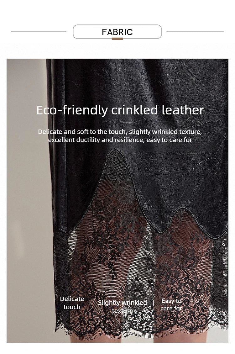 AMII Women's Skirt 2025 Autumn New Minimalist Versatile Clothing Ladies Leather Splicing Lace Solid A-line Midi Skirt 12543095