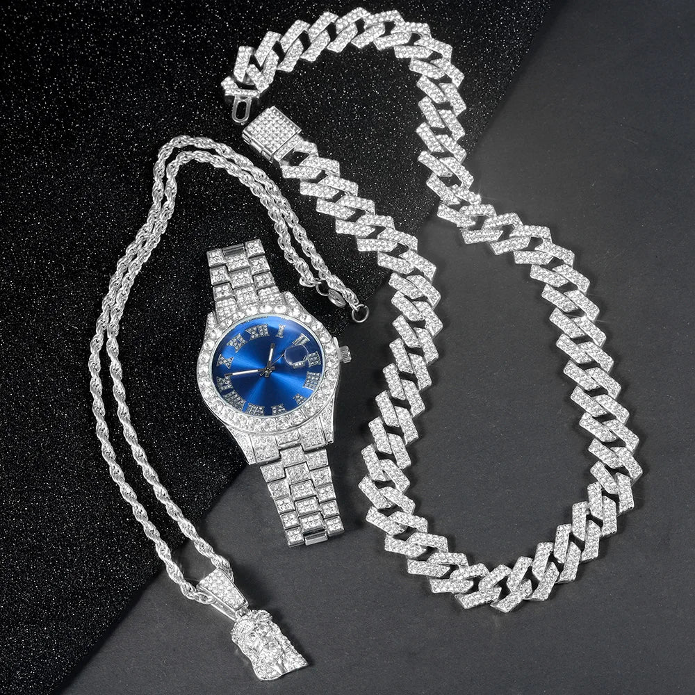 Men's Hip-hop Watch Jewelry Set Iced Out Punk Diamond Watch+Cuban Chain+Jesus Pendant Necklace Stylish Trend Men Women Gift Set