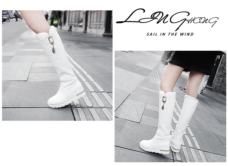 Raised Checkerboard With Metal Square Buckle Warmth Plush Lining Women's Snow Boots Flat Bottoms Elevated Knee Length Boots