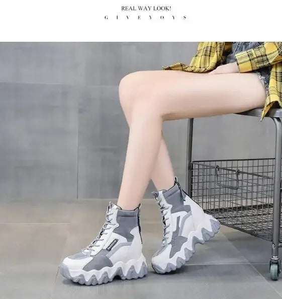 2024 Women Thick Sole Ankle Boots Autumn Luxury Platform Casual Boots Women's 8cm High Heels Wedge Boots Shoes Woman Sneakers