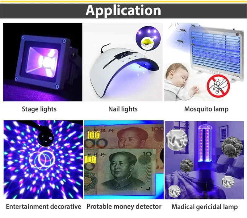 3W UV LED Ultra Violet Color Lamp Chips 365nm 375nm 380nm 385nm 390nm 395nm 400nm 405nm 410nm 420nm 430nm Purple Light Beads