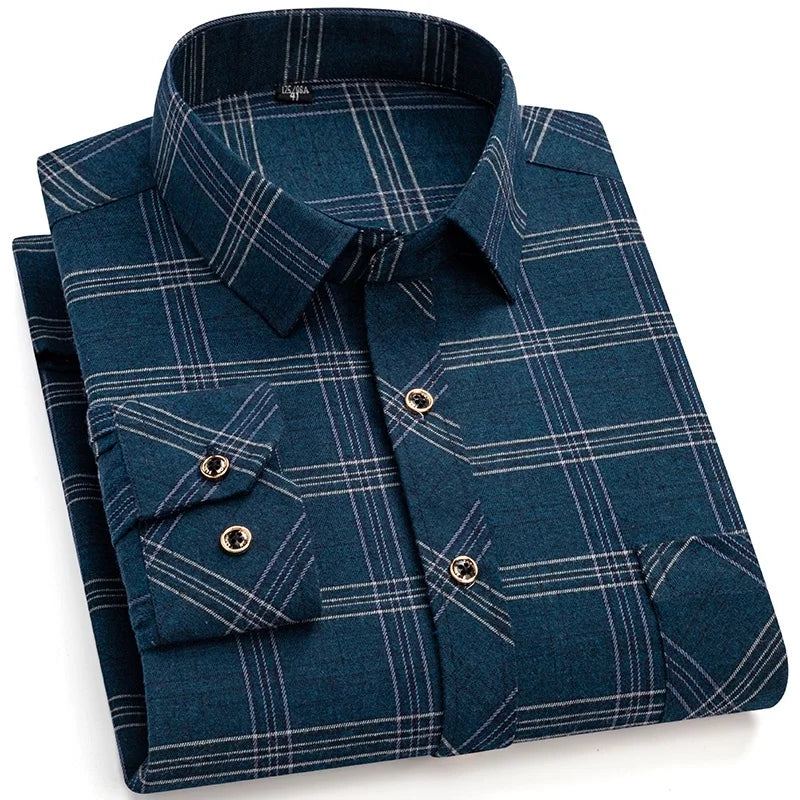 M-6XL Men's Pure Cotton Flannel Shirts Long Sleeve Single Pocket Casual Plaid Thick Soft Cozy Brushed Shirts Blouse Men Clothing