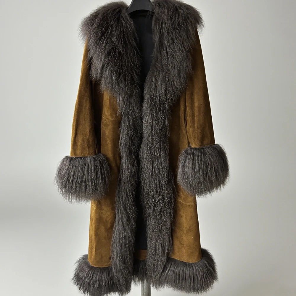 Winter Suede Long Fur Coat Mongolia Long Sheep Fur Collar New Arrival Camel Fur Jacket