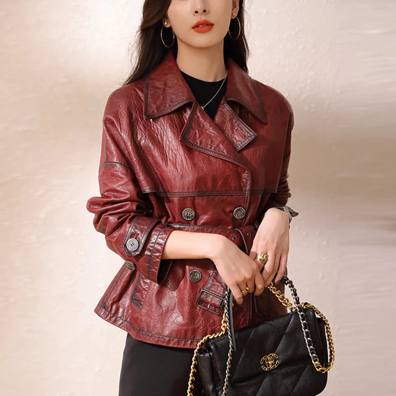 Roupas Femininas Autumn Women's Suit Collar Lace-up Waist Oil Wax Sheepskin Gabardina Mujer Vintage Red Wine Short Trench Coats