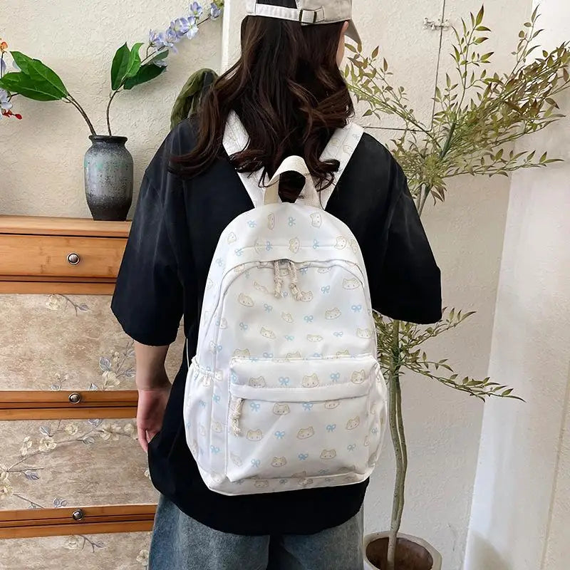 Cute Cartoon Cat Printed Backpack Large Capacity Student Schoolbag Fashion Delicate Trendy Girly Bag Portable Travel Bags Gifts