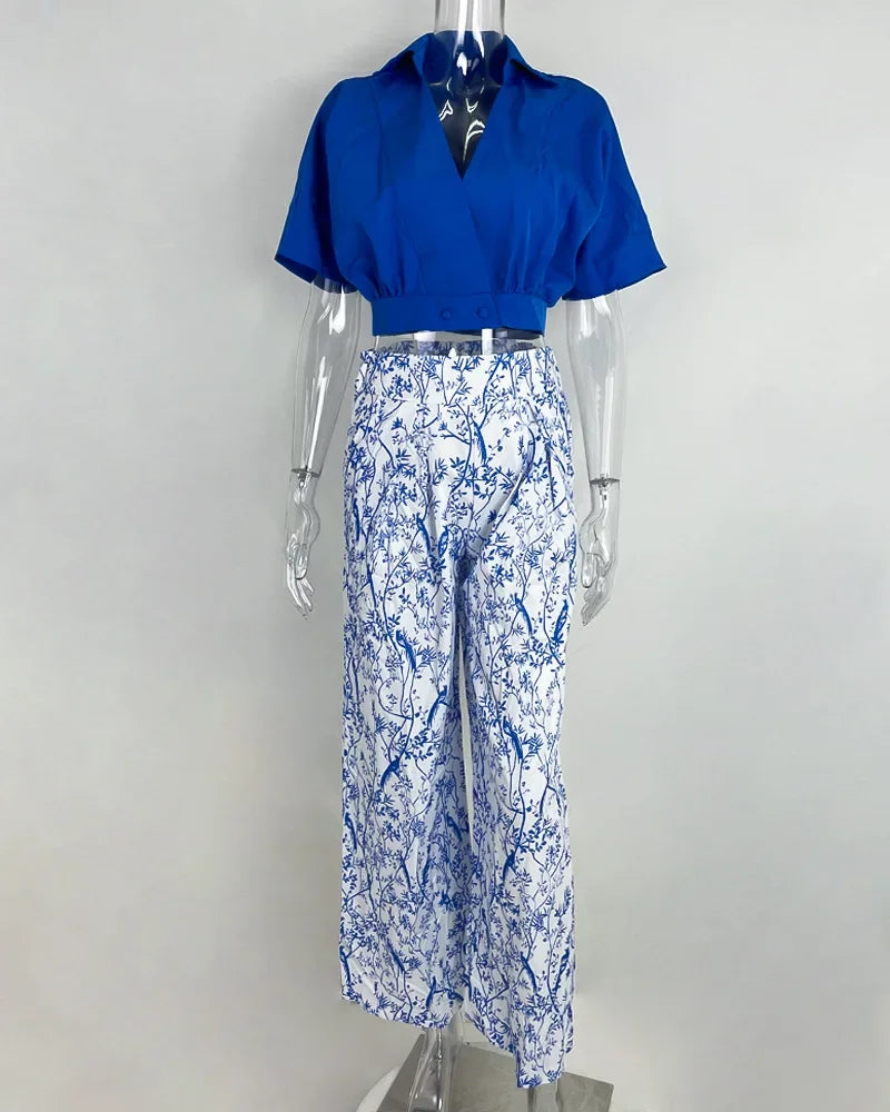 Pant Sets Summer New Bat Sleeve Print Shirt & Wide Leg Pants Two Piece Set for Women Fashion Women's Suit Chic and Elegant Set