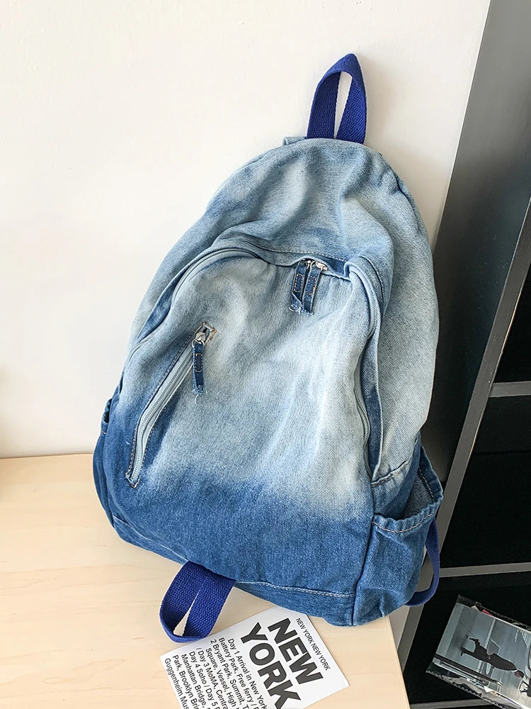 Men's and Women's Backpacks, Student School Bags, Large-Capacity Washed Denim Bags