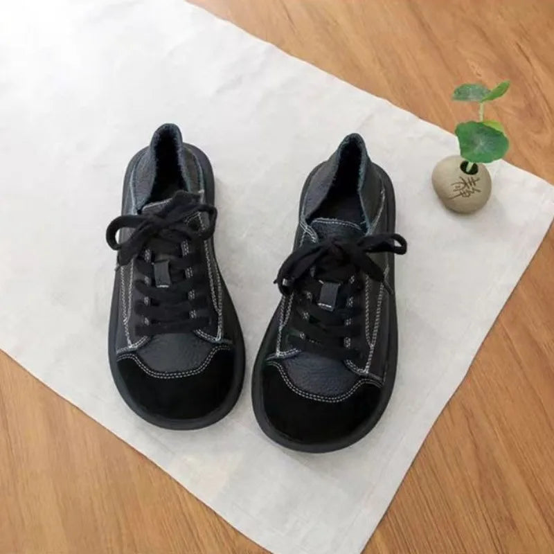 2025 New Wide Toe Shoes Women's Lace Up Sneaker Girls Half Slipper Sneakers Woman Faux Leather Vulcanized Sneakers New