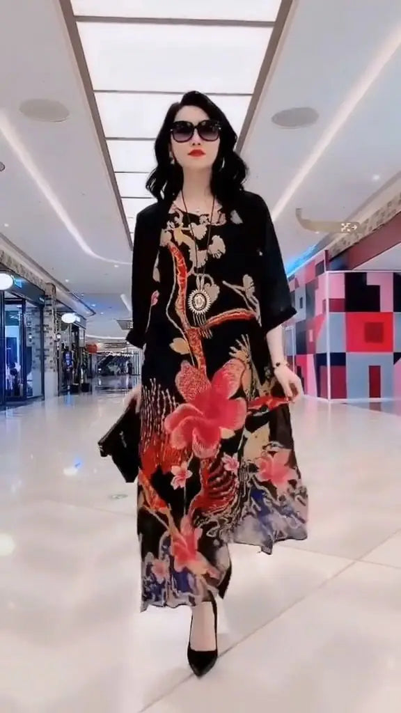Authentic Silk Dress for Mother, Silkworm Loose Dress, High-End Print, 2-Piece Dress, Women's Dresses, Spring, Summer, New, 2023