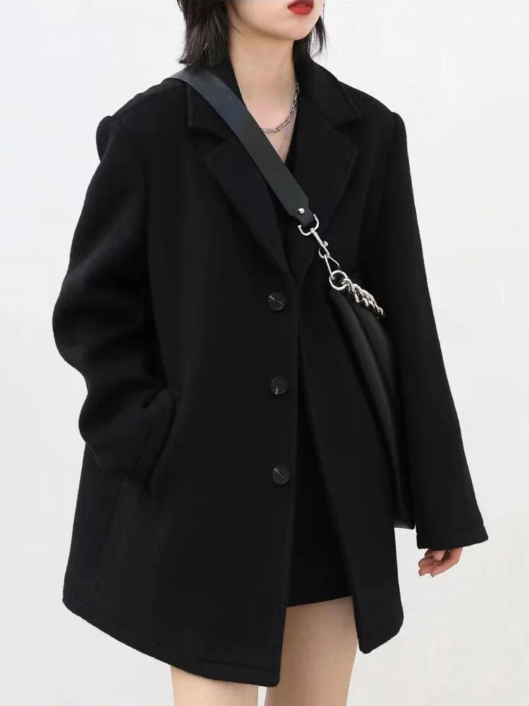 Korean Warm Mid Length Woolen Suit Coat Thick V Neck Women New Loose Parkas Winter Single Breasted Wool Blend Jackets Casaco
