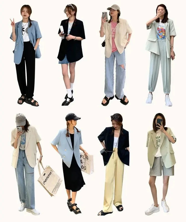 Pant Suits 2025 Spring and Summer Thin Casual Loose Short Sleeved Suit Jacket Women Suit Two-piece Set