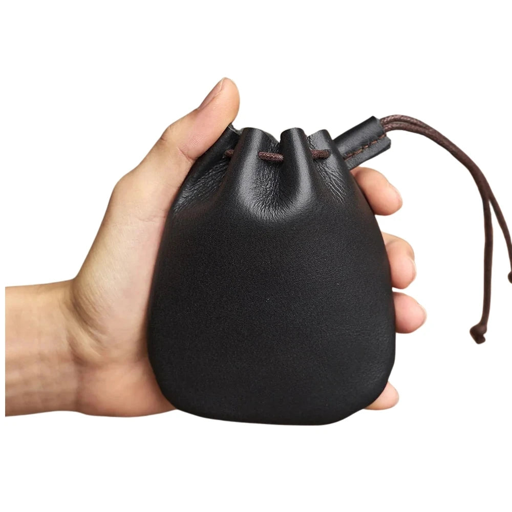 Genuine Leather Coin Purse Men Women Vintage Small Coin Wallet Hard Leather Money Pocket Drawstring Storage Bag