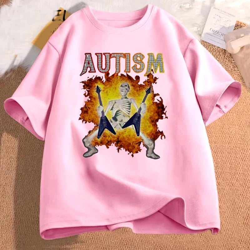 Autism Funny Skeleton Meme Men's T-shirt Cotton Mens Clothing Graphic Tshirts Man women Clothes Printed Short Sleeve Tee Tshirts