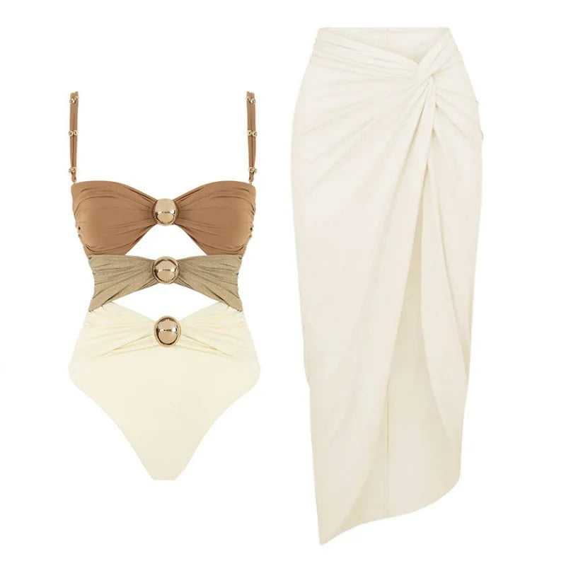 One-Piece Swimsuit and Skirt Blue Swimwear Bikini Female Vocation Bathing Suit Beachwear Beach Dress Sarong