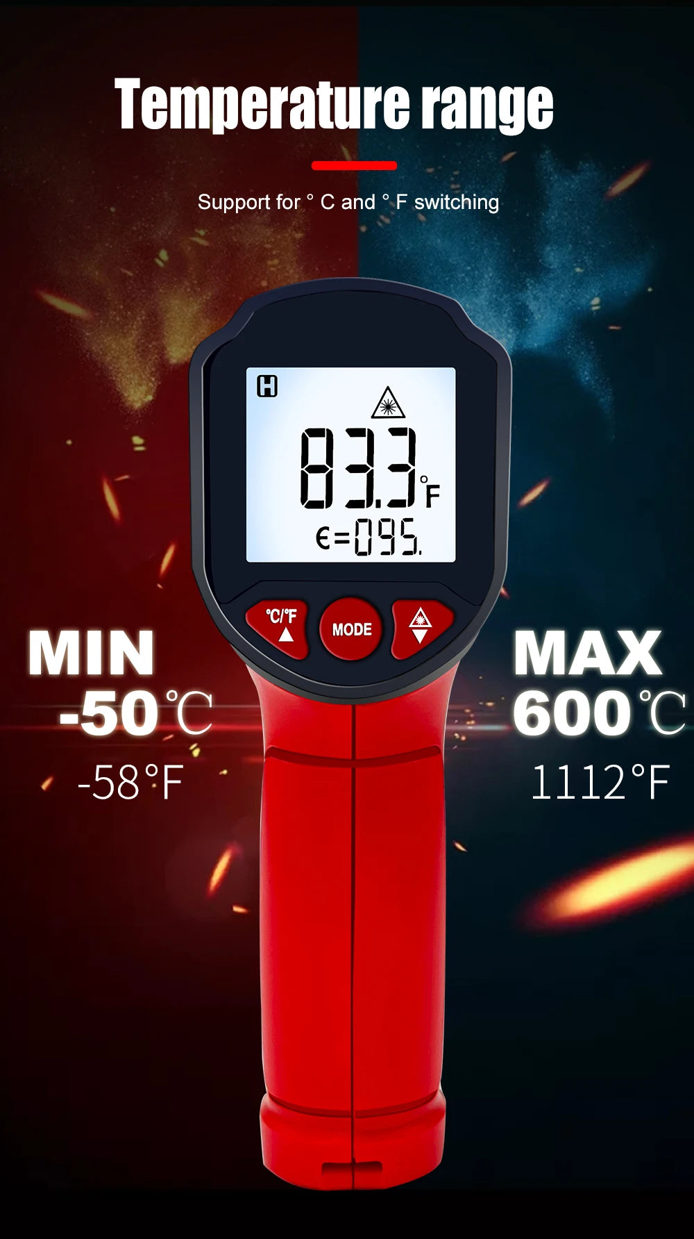 TOOLTOP ET6530C -50°C-600°C Handheld Digital Thermometer Laser Backlight Display Industrial Thermometer For Kitchen Outdoor Car