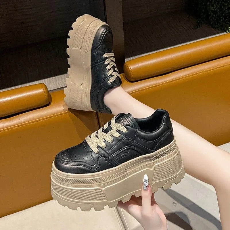 Women's Shoes 2026 Spring New Thick Soled Height Increasing Casual Sports Shoes Fashionable Lace Up Anti Slip Casual Board Shoes