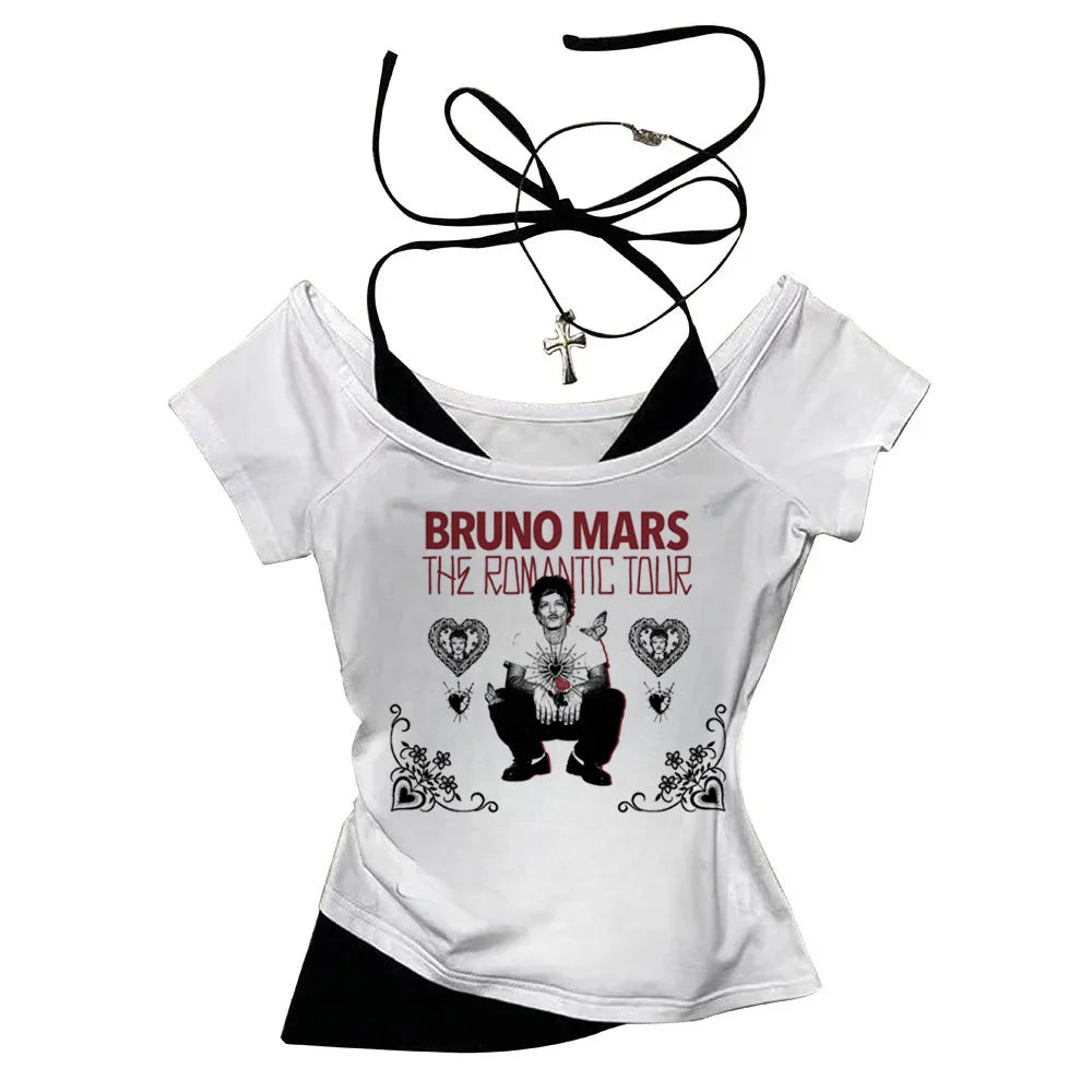 2026 Shirt  Bruno Mars The Romantic Tour Women Fake Two-piece O-Neck Short Sleeves Crop Tops T-shirt