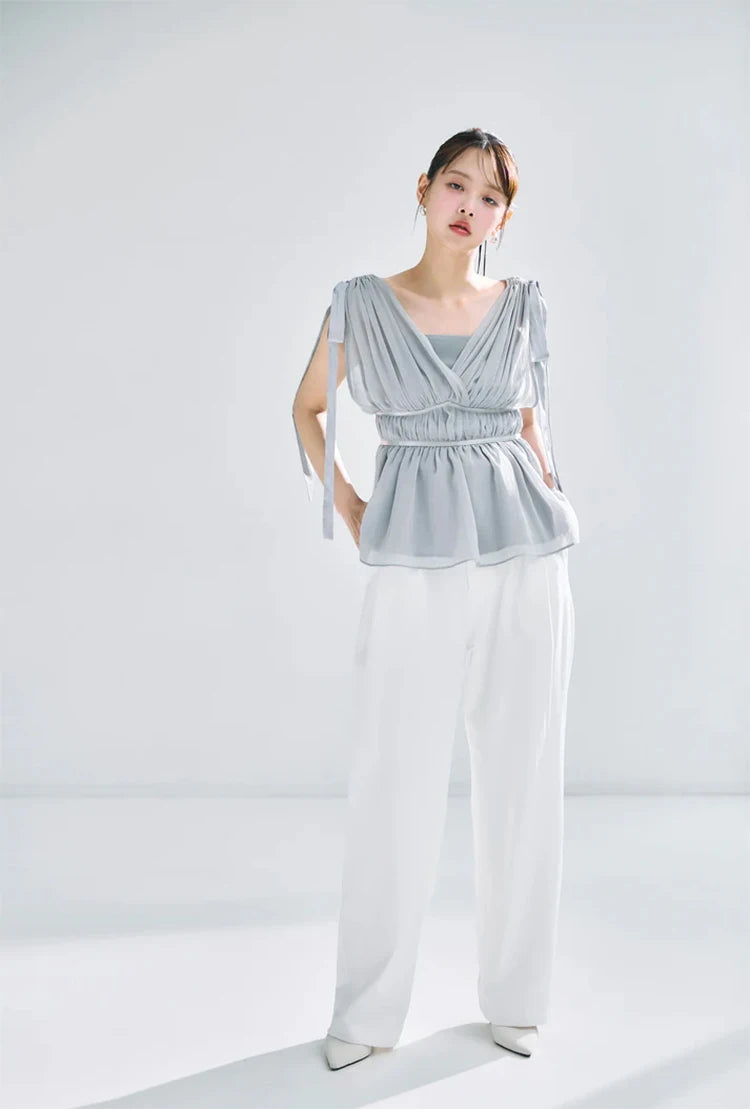 Women's Tops Summer Bow Tie Sweet Elegant Blouse Femme V Neck Shirt Waist-Cinching Japanese Style Sleeveless Chiffon Blouse