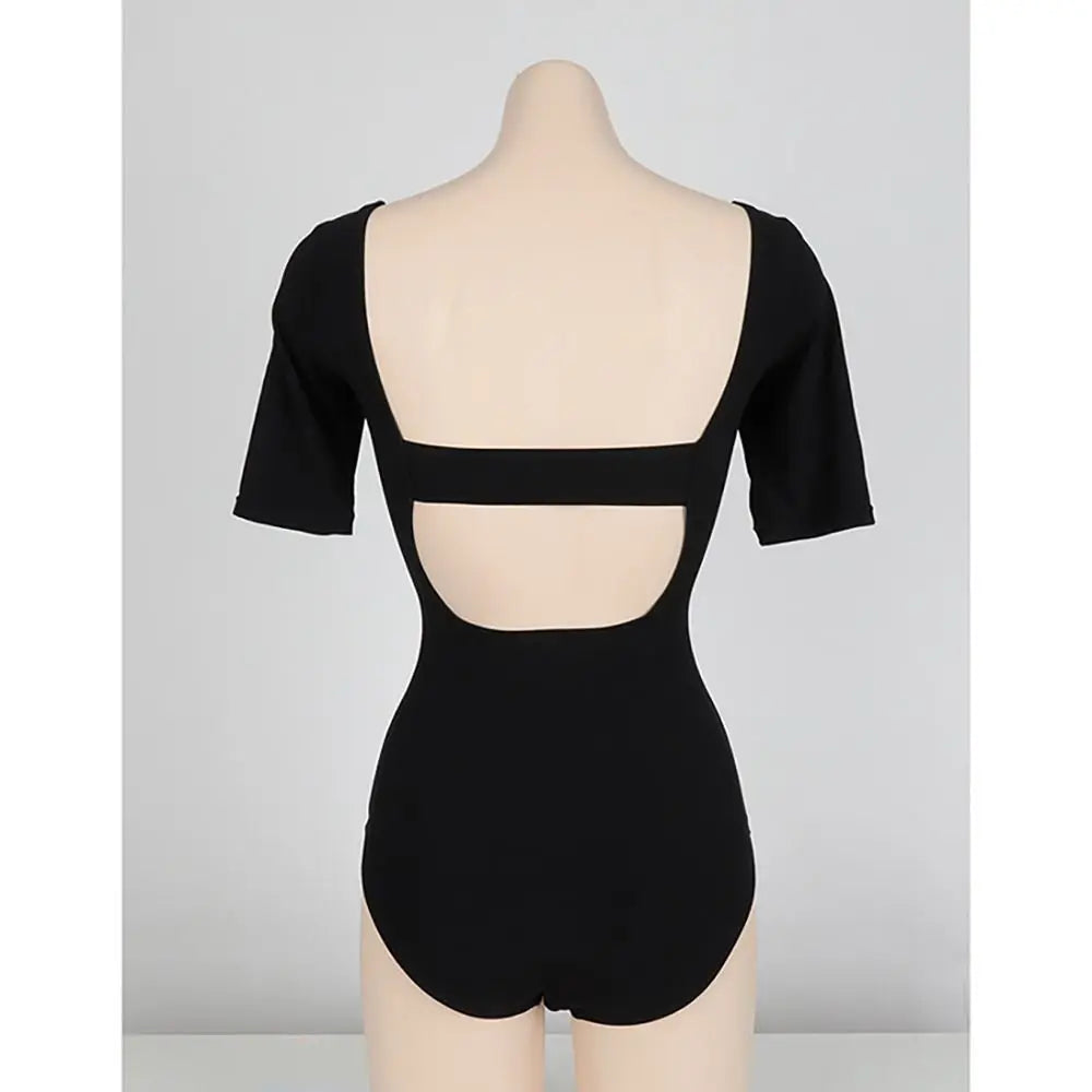 Ladies Bathing Suit Solid Color Hollow Out Swimsuit Slim Design High Waist Backless Swimsuit Mesh Cut Short Sleeve Swimwear Bath