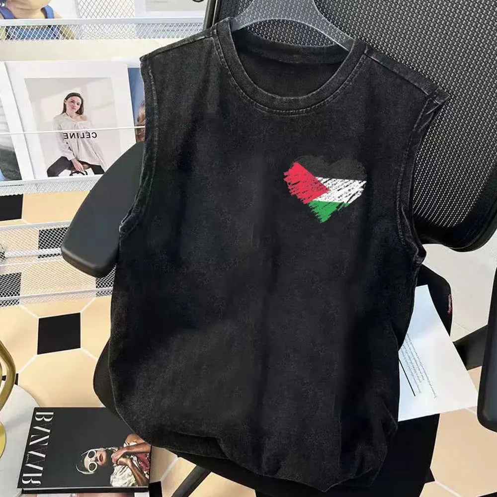 Palestine Heart Scribble Graphic T-Shirt Mens Tank Tops Gym Clothing Vintage Washed Women Y2k Clothes Oversized Sleeveless Vest