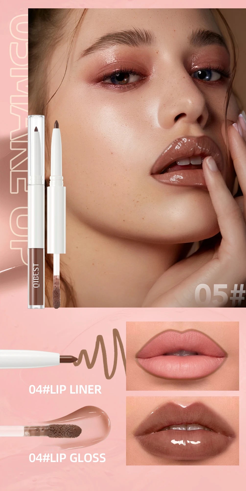 QIBEST Double Head Mirror Lip Glaze Lipliner Pen Water Light Lipgloss Makeup 2 in 1 Stick Matte Velvet Lip Liner Contour Pencil
