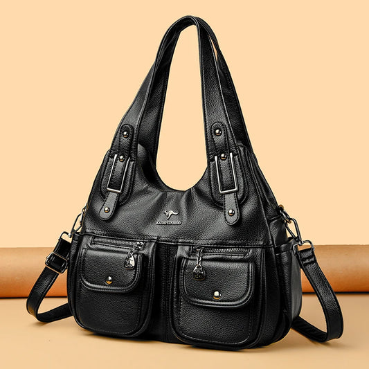 Women Casual Multiple Pockets Tote Bag Lady Large Capacity Shoulder Crossbody Bag for Womens Vintage Soft Leather Travel Bag Sac