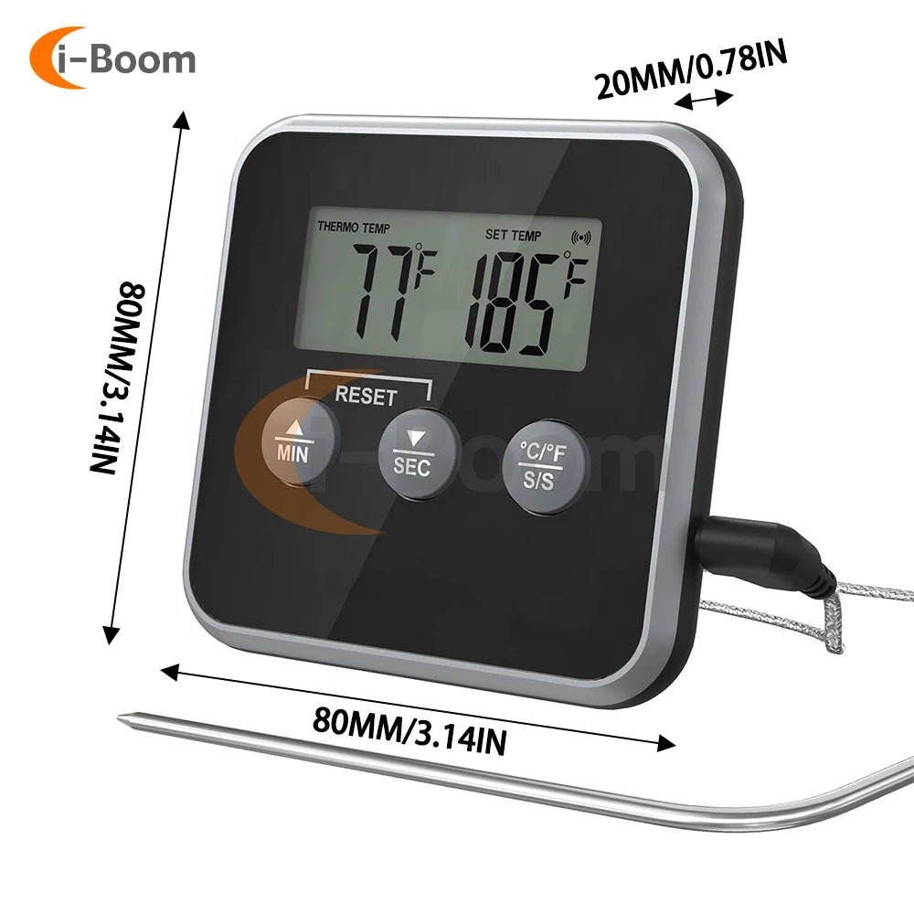LED Digital Thermometer with Waterproof Probe BBQ Oven Temperature Inspection Instrument Timer High Temperature Alarm
