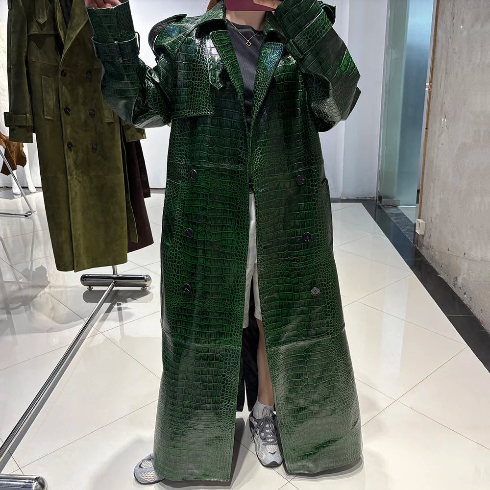 YOLOAgain Double Breasted Suede Jacket Coat Women Real Leather Trench Coat