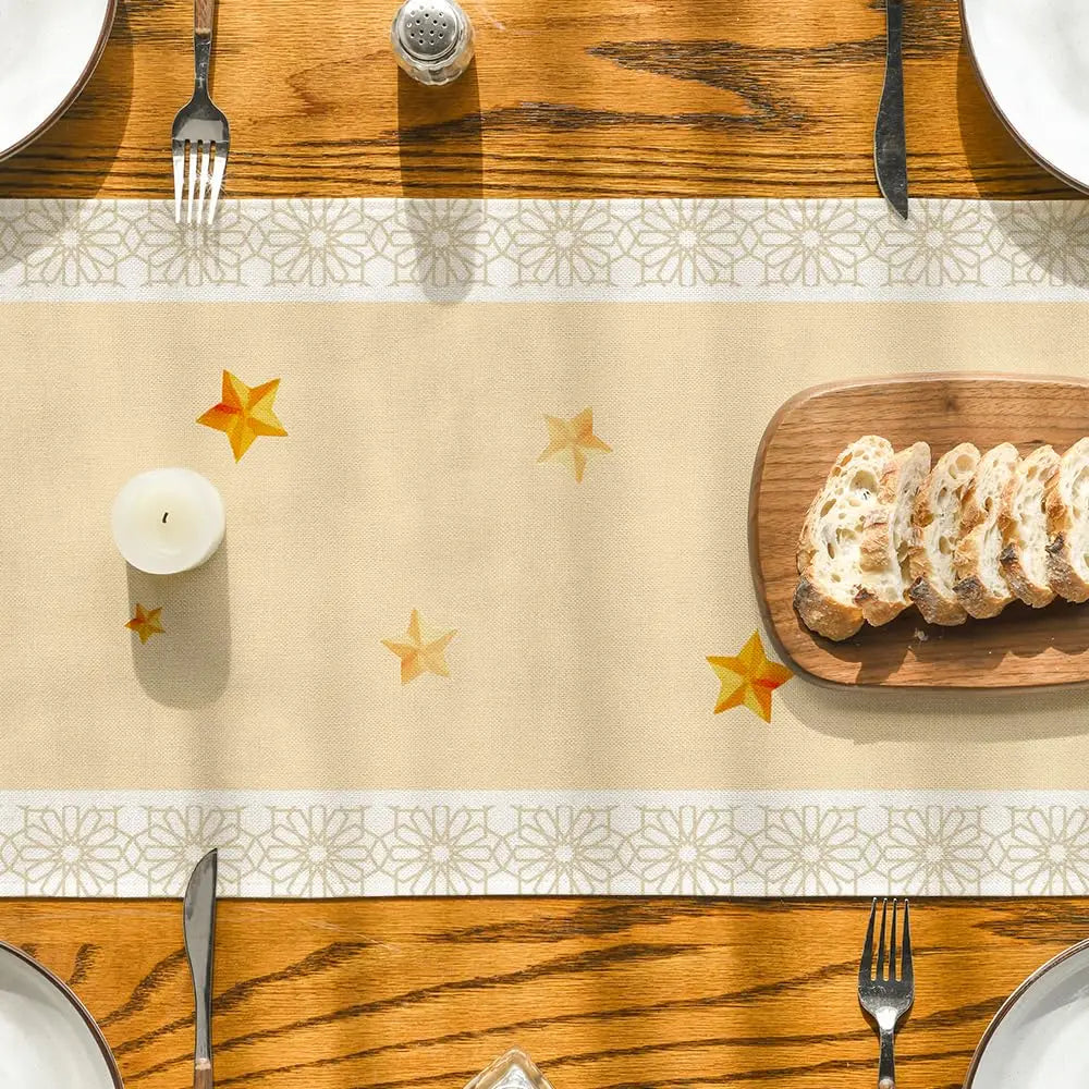 Lantern Star Moon Ramadan Table Runner, Eid Kitchen Dining Table Decoration, Home Party Decor, Seasonal, 13x72 Inch