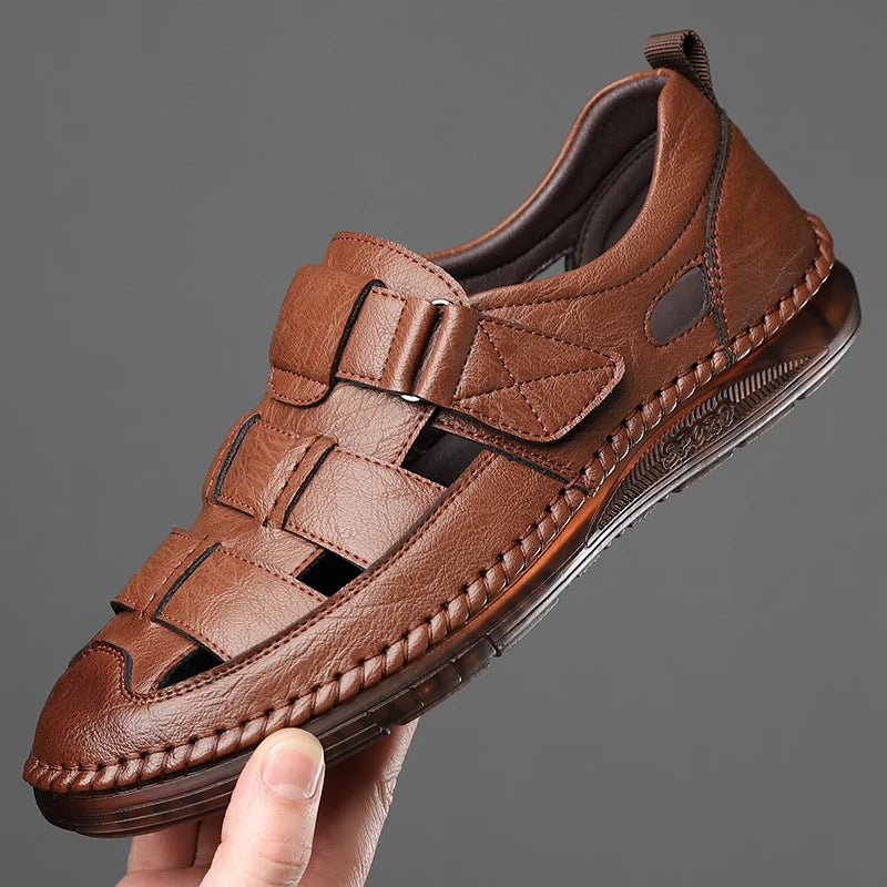 Genuine Leather 2024 Summer Special Offer Men's Business Casual Hollow Work with Holes Leather Sandals Men's Work Hole Sandals