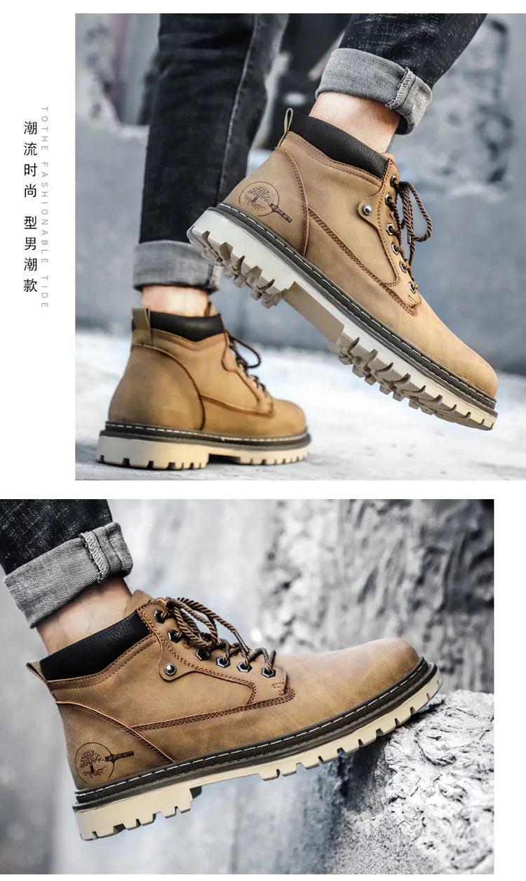 Men's High-Top British Style Motorcycle Boots Durable Cowboy Ankle Shoes Rugged Casual Non-Slip Leather Outdoor Work Footwear