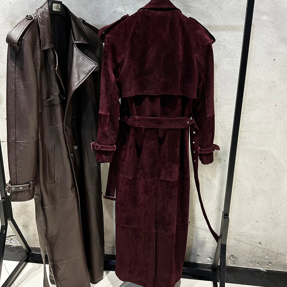 Suede Burgundy Long Coat Double Breasted Windbreak Length 150cm Women's Real Suede Coat