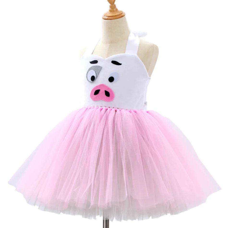 Girl Cartoon Raccoon Sloth Koala Piggy Rabbit Tutu Sling Dress Children Cosplay Festival Performance Dance Costume Headband Sets