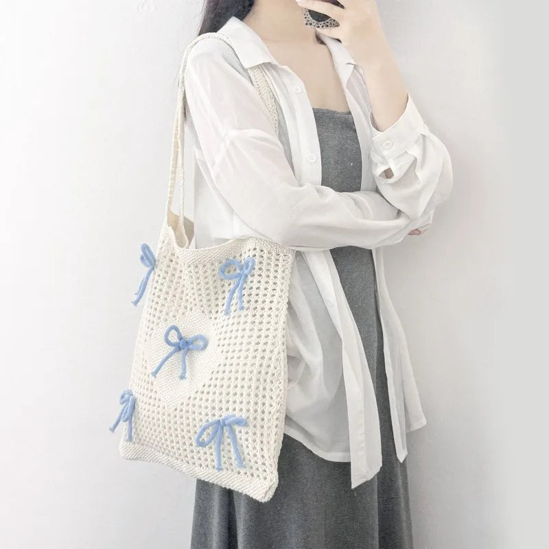 Ladies Beach Bags Vintage Hollow Bow Design Woven Shoulder Handbag Knitting Large Capacity Handbags Summer Travel Shopper Tote