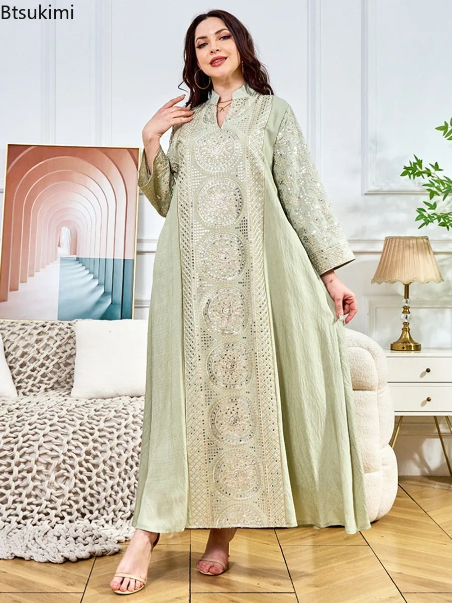 Women Elegant Dresses Eid Muslim Sequins Maxi Dress Jalabiya Morocco Party Robe Evening Dresses Dubai Abaya Kaftan Arab Vestidos