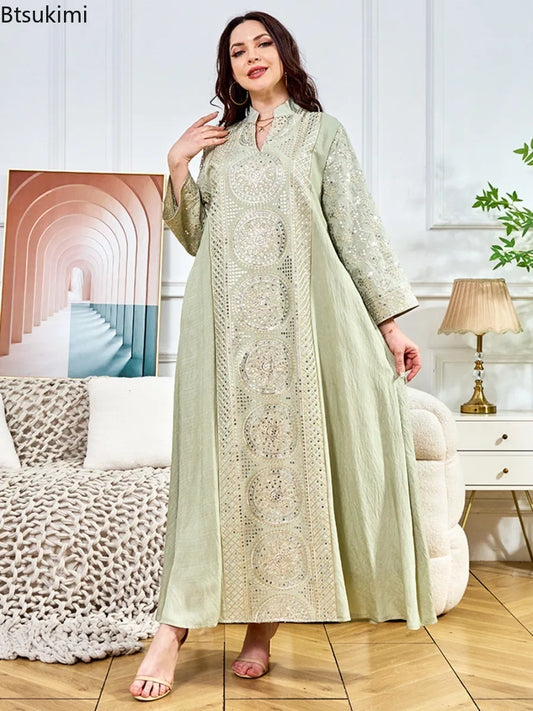 Women Elegant Dresses Eid Muslim Sequins Maxi Dress Jalabiya Morocco Party Robe Evening Dresses Dubai Abaya Kaftan Arab Vestidos