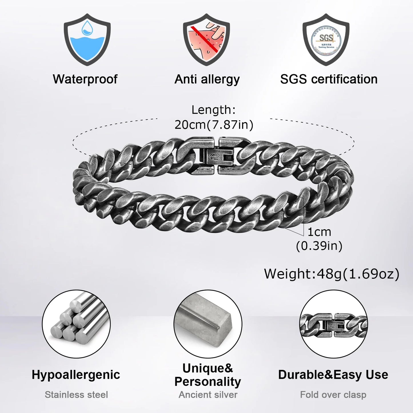 Retro Cuban Chain Bracelets for Men,Vintage Antique Stainless Steel Curb Dome Link Wristband,Rock Punk Stylish Jewelry Gifts